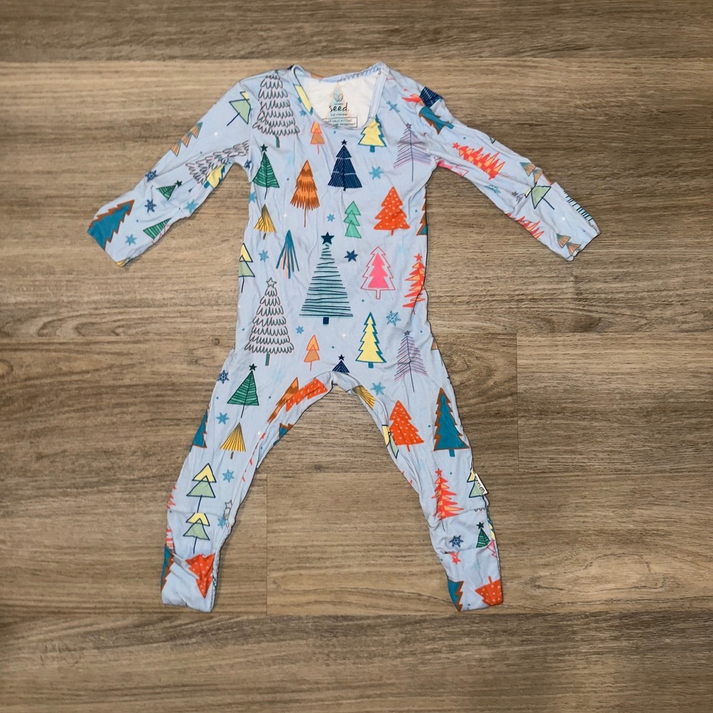The Simple Seed Bamboo Viscose Christmas Tree Footie Pajamas Blue 3-6 Months